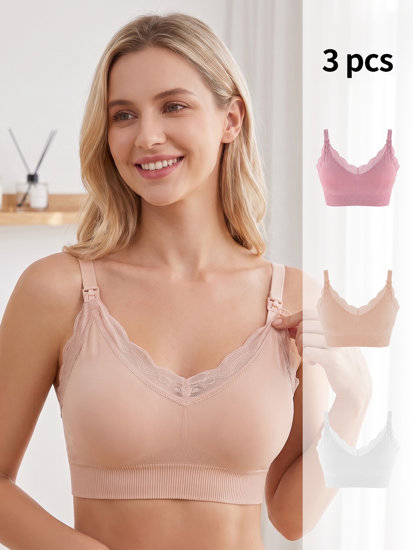 Nursing Bra Sleep - ชุดชั้นในสำหรับคุณแม่ตั้งครรภ์ 3 ชิ้น ไร้โครง ไร้รอยต่อ แต่งลูกไม้